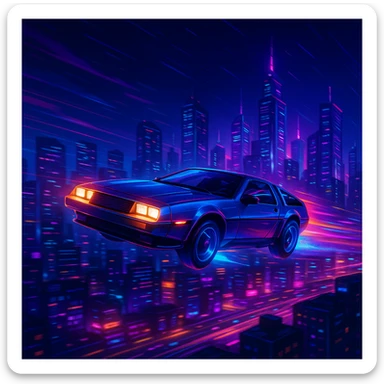flying car zooming above a glowing cityscape, sci-fi style sticker