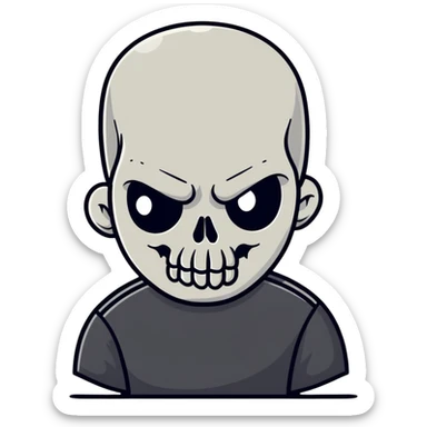 man with oval-shaped flat-top head wearing a black shirt with a gray skull on the front sticker