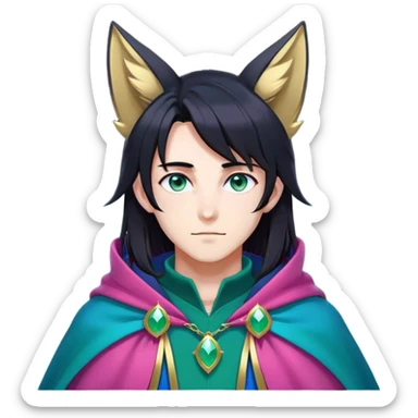 anime man with long-straight-dark-black hair, long black fox ears with pink Scapha, colorful-gradient-brown-turquoise eyes, gold earring, dark-blue-sweater, green cape, white pupils sticker