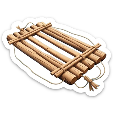 showing a simple wooden raft floating on calm blue water — made of several brown logs tied together with rope — gentle ripples around it — bright, cheerful lighting and soft shadows — minimalist, clean emoji design sticker