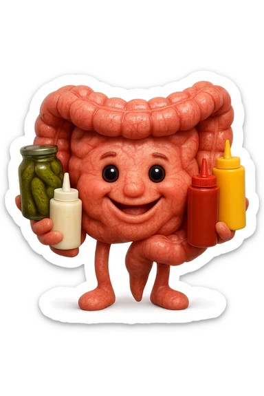 emoji stile iphone di intestino umano con espressione felice mentre tiene in mano cetriolini sottaceto, maionese, salsa barbecue, salsa, senape realistica
IPERREALISTICO 4K sticker