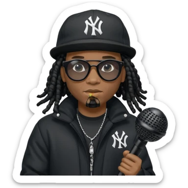 African American man with shoulder length black dreadlocks wearing black sunglasses with black bubble winter coat wearing black New York Yankees baseball hat rapping into a microphone sticker
