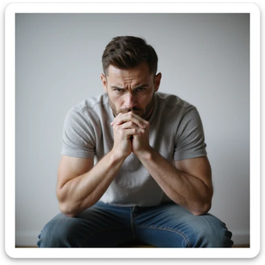 realistic 30-year-old man suffering from anxiety, sitting with hands clasped, tense expression, minimalist background sticker