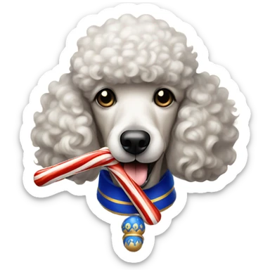 poodle holding royal blue and gold candy cane in its mouth sticker