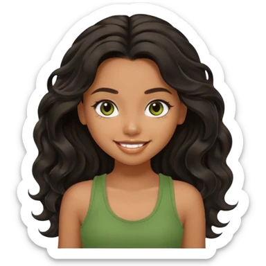 a pretty bratz brown girl with long wavy black color hair, brown eyes and green tank who is smiling sticker
