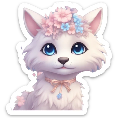 Anthro Cute Cool Blushing Pastel Innocent Shy Kawaii gorgeous sparkly ethereal fantasy animal creature with blue eyes furry sona with flowers and ribbons beautiful aesthetic sticker