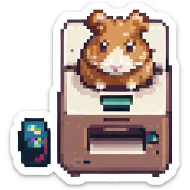 hamster on top of a printer, pixel art style sticker