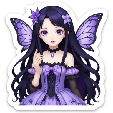 Gothic anime fairy with long beautiful black hair and violet dress, pastelcore, Lolita, aesthetic, beautiful, pretty, amazing, epic, gorgeous, sparkly sticker