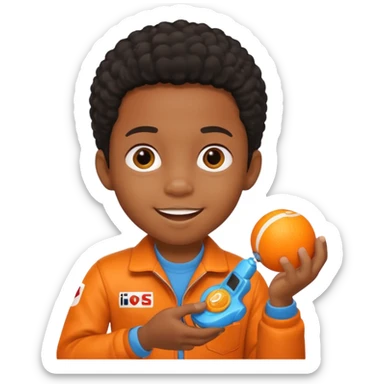 black kid playing orange formula 1 toy sticker