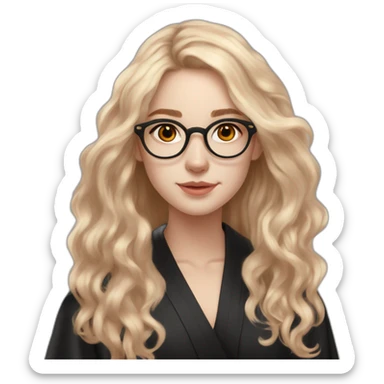 British white skin teenage girl very long wavy flax colored hair amber eyes rose gold round glasses white shirt black robe sticker