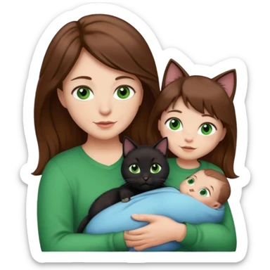 1 mom brown hair, 1 dad, 1 baby and 1 black cat sticker