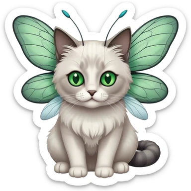 White and dark gray ragdoll Cat with dragonfly wings antennae green eyes sticker