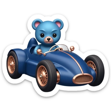 Real-proportional dark blue and rosegold-accented  retro racing car driven by furry-faced small evil alien scary teddy bear with rear spoiler sticker