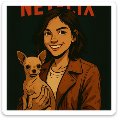 Change the facial expression to a joyful and confident look in the style of a Netflix series, keeping all other elements identical. sticker