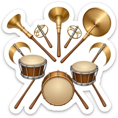 Create a heraldic, festive, and professional emblem-like emoji representing percussion instruments. The design should resemble a traditional crest, featuring a range of percussion instruments like cymbals, triangle, tambourine, maracas, timpani, and other traditional and folk percussion instruments. Arrange them symmetrically, with elements like cymbals crossing each other, a triangle at the center, and timpani or drums flanking the sides. The instruments should be depicted with metallic and wooden tones—shiny brass for cymbals, silver for the triangle, and rich wood or polished bronze for drums. Include ornate details like engraved patterns on the instruments, decorative swirls or laurels, and subtle accents to add elegance and festivity to the composition. The overall design should be cohesive, balanced, and visually striking, suitable for use as a prestigious emblem. The background should be transparent. sticker