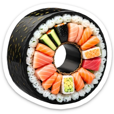 single round sushi maki cross-section, rice ring and colorful center sticker