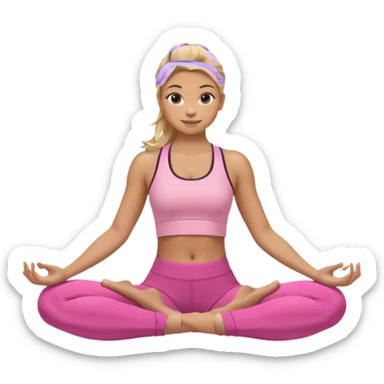 Mujer color de piel moreno clara, con cabello balayage rubio con castaño suelto y lacio y largo usando un top rosa deportivo y leggins deportivo rosa en una pose de yoga sentada, viendo hacia enfrente con ojos negros y sonriendo sin mostrar los dientes sticker