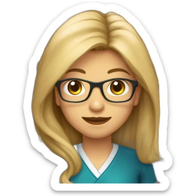 Profesora con pelo recto castaño y reflejos rubios, ojos azul verdosos, nariz pequeña, con un lunar entre la nariz y la boca  sticker