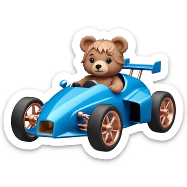 dark crystal blue and rosegold-accented faceted-body rc racing car driven by a small cute but fearless teddy baby bear with rear spoiler, roll bar, and wheely bar sticker