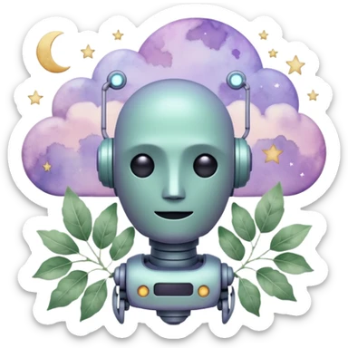 watercolor-style emoji of a robot head silhouette with “AI” inside a lilac cloud, connected to a soft circuit shape. gentle pastel palette (sage green, blush, lilac), surrounded by leaves, moon, and stars — poetic and calm aesthetic. sticker