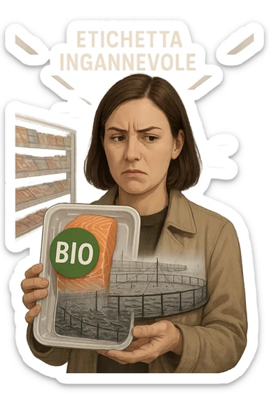 Scena in un supermercato moderno: uomo o donna tiene in mano una confezione di salmone etichettata 'BIO', con un grande bollino verde. Ma in trasparenza, dietro l’etichetta, si intravede un allevamento intensivo di salmoni in gabbie marine, acqua torbida e pesci ammassati. Espressione del cliente confusa e sospettosa. Sopra la testa, testo simbolico fluttuante: 'Etichetta ingannevole'. Colori contrastanti: confezione brillante ma realtà di fondo grigia e artificiale. Stile realistico con elementi simbolici forti sticker