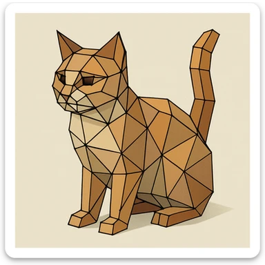 {
  "style_description": {
    "name": "Low Poly Wireframe",
    "overall_look": "Geometric abstraction with visible polygonal mesh edges and a minimal, digital aesthetic",
    "geometry": {
      "shape_type": "triangles and quadrilaterals forming faceted surfaces",
      "structure": "low-resolution polygon meshes with flat faces",
      "edge_visibility": "clear, sharp wireframe outlines around each polygon",
      "dimensionality": "3D-like forms created through flat shading and edge contours"
    },
    "linework": {
      "type": "thin or semi-bold outlines tracing all edges of the mesh",
      "style": "uniform or slightly stylized (e.g., dotted or glowing lines)",
      "color": "typically black, dark gray, or color-matched for contrast"
    },
    "color": {
      "application": "solid flat colors per polygon, without gradients",
      "palette_type": "limited, often monochromatic or with tonal variation per face",
      "highlighting": "minimal shading to emphasize surface depth without realism"
    },
    "lighting": {
      "approach": "ambient or directional lighting used sparingly to add dimension",
      "avoid": ["soft shadows", "complex reflections", "photorealism"]
    },
    "background": {
      "style": "plain or gradient backdrop to contrast mesh clarity",
      "consistency": "flat and neutral to preserve focus on wireframe structure"
    },
    "render_constraints": {
      "avoid": ["smooth surfaces", "rounded curves", "realistic textures"],
      "focus_on": ["polygon edges", "angular forms", "mesh clarity"]
    },
    "subject_treatment": {
      "representation": "simplified, stylized forms with clear geometry",
      "emphasis": "structure, volume through form and edge"
    }
  }
}

{subject} = cat sticker