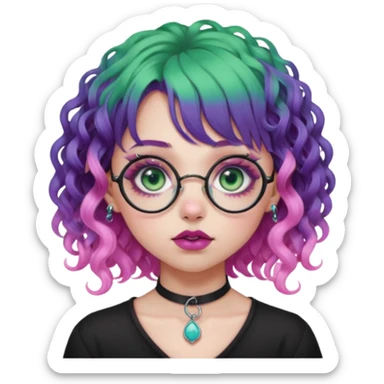 . Gothic girl with pink to violet ombré hair with pink on top, ringlet curly hair, bangs round glasses, septum piercing, nostril piercing, almond eyes, blueish green eyes,heavy eyeliner,  sticker