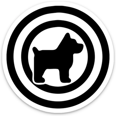 solid white filled pictogram icon of thick geometric dog silhouette at center with three thick solid white concentric rings radiating outward on solid black background minimalist symbolic 1:1 aspect ratio sticker