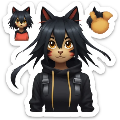Edgy Shy Anthro boyish cool pretty dark black Litten-Pokémon-cat-fursona-animal techwear ponytail sticker