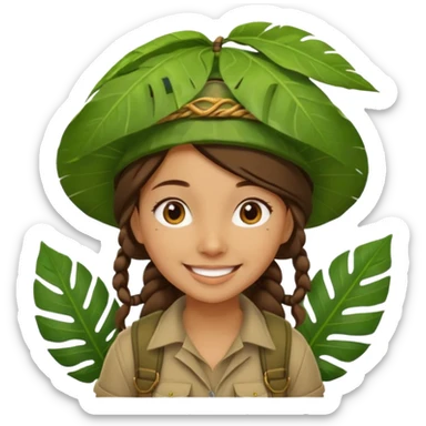 a young female explorer with jungle wearing a large leaf headgear bye and magnificer  sticker