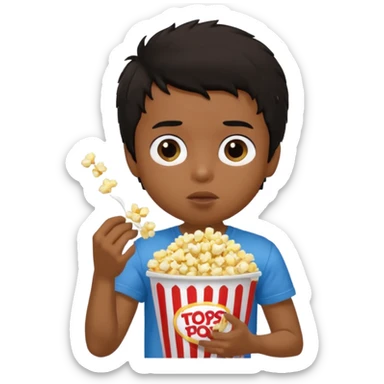 generate a pretty tan bratz boy with a brown tshirt on. eating a popcorn. messy black hair sticker