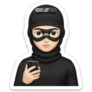 Junge mit Sturmhaube handy in der hand komplett schwarzes outfit und augenbraun gut sticker