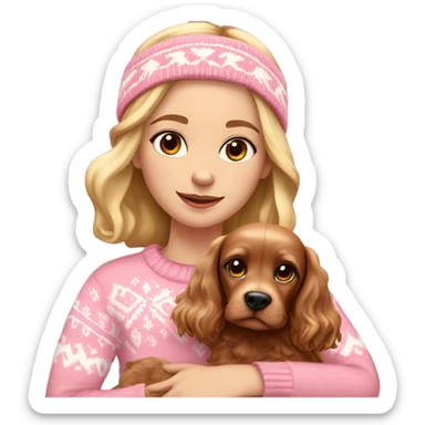A beautiful blonde girl with brown eyes wearing a pink fair isle jumper and pink headband. She’s holding a brown cocker spaniel in her arms. sticker