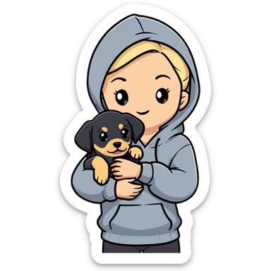 Blonde girl with smooth hair and a center part, light skin with freckles, wearing a hoodie and carrying a black baby labrador puppy in her arms sticker