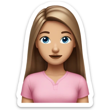 A girl with grey blue eyes, and long brown straight hair, and a middle part, and pink shirt, and medium fair skin sticker