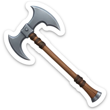 barbarian axe object icon, huge double-bladed axe, rough metal, wooden handle, leather wraps, fantasy style, 3D cartoon, mobile game icon style, centered, clean background, soft shadow, no text, no watermark
 sticker