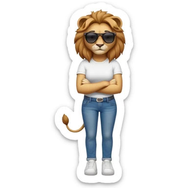 friendly anthropomorphised female lion character, full body, standing confidently with legs shoulder width apart and arms folded, wearing jeans, a white t-shirt, dark sunglasses, and trainers, with a determined expression sticker