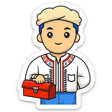 Ukrainian man in traditional embroidered vyshyvanka shirt holding a toolbox sticker