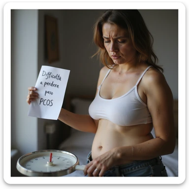 hyperrealistic 4K detailed image of a woman with PCOS, face with acne and chin hair, thin hair, slightly overweight body on abdomen and hips, frustrated expression while weighing herself on a scale, next to her a paper with the words 'Difficoltà a perdere peso' and 'PCOS', domestic environment sticker