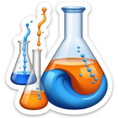 emoji of a chemistry flask with swirling blue and orange liquids merging and a small calculator or ratio bar beside it to represent alligation sticker