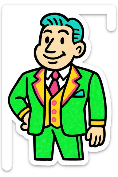 man in suit, classic look, green gold and white color scheme, elegant lines, decorative details sticker