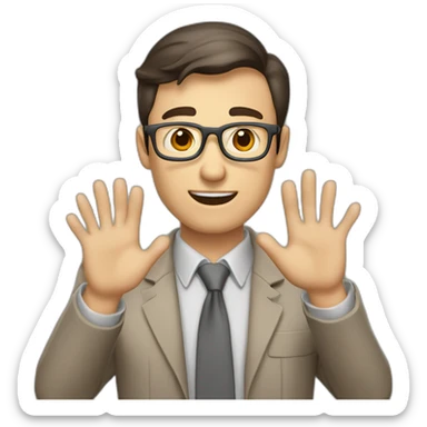 To belt Actively gesturing with hands Pale skinned fit man teacher with dark brown hair in gray jacket, beige office shirt, brown tie, brown pants and vintage glasses. sticker