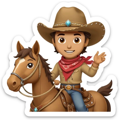 clash-of-clans-aesthetic_-cinematic-playful-cowboy-portrait-emoji, head-tilted with a roguish, cheeky grin and twinkling eyes, featuring a rugged, spirited build with a wide-brimmed cowboy hat and a rugged bandana, tan skin-tone, riding a galloping horse with reins in one hand and a lasso in the other, dust trailing behind. sticker