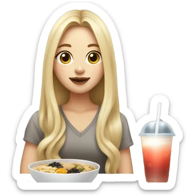  Blonde long hair girl eating Korean food and drinking boba sticker