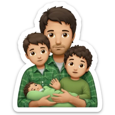 A father with messy medium-length dark hair and light stubble, wearing a green flannel shirt. He holds his child who has short curly brown hair and a cream-colored romper. Cozy warm lighting, authentic family moment. sticker