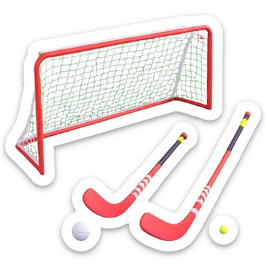 field hockey equipment on lush green pitch with goal in background sticker