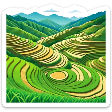 Longji Rice Terraces Guangxi curved farming terraces, simplified emoji style with bold outlines and bright colors, cartoon style layered green fields on mountain sticker