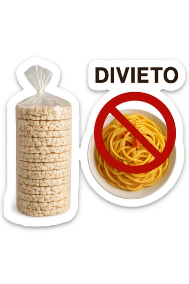 confezione di gallette di riso con accanto un piatto di pasta con divieto sopra, in italiano,  realistici sticker