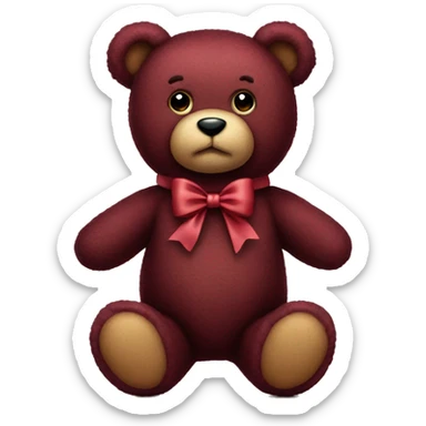 a burgundy teddy bear with a bow sticker