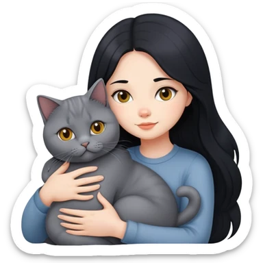 A beautiful girl with long black hair hugs a British Shorthair sticker